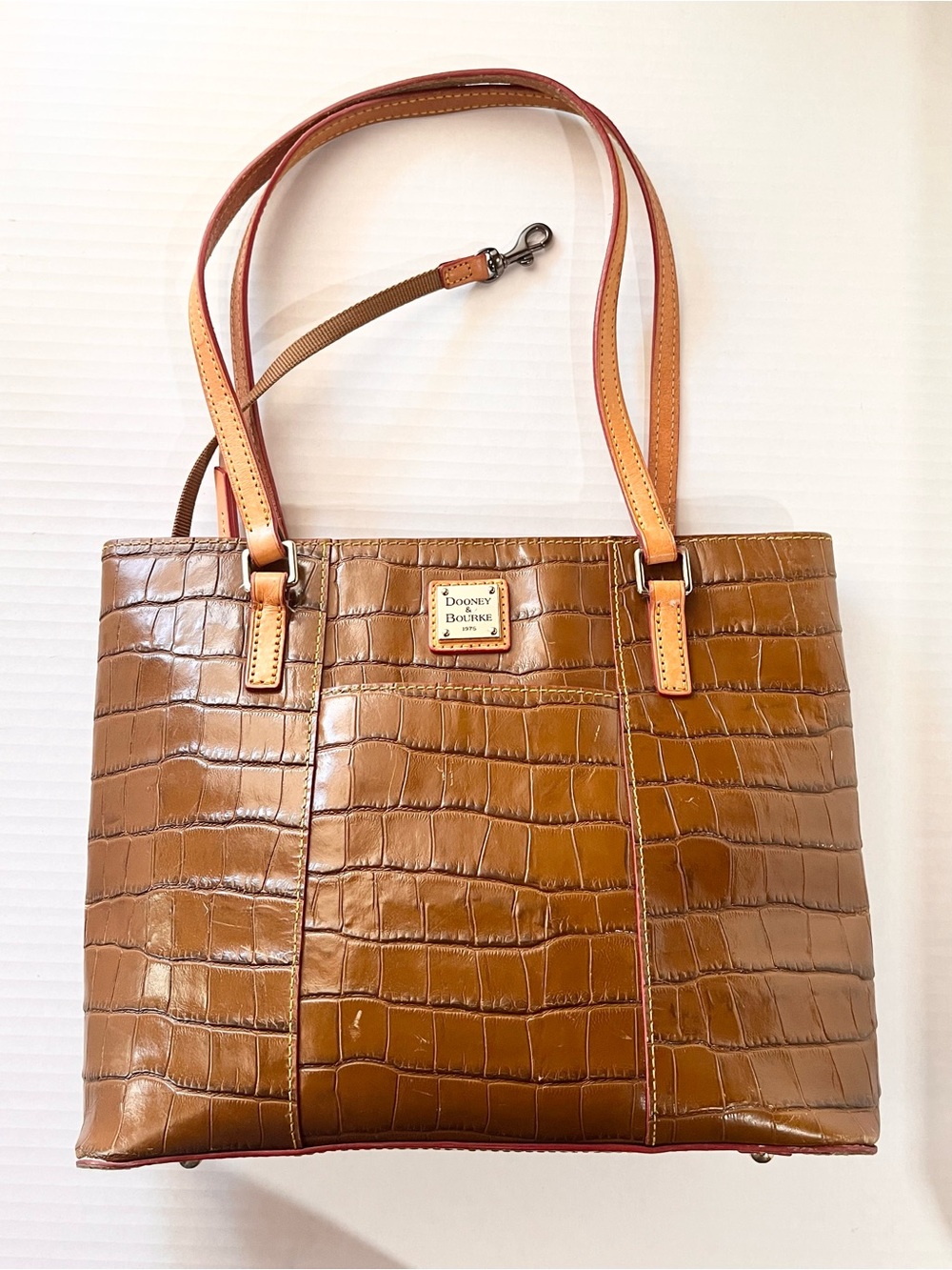 Dooney & Bourke Brown Croc-Embossed Leather Tote with Tan Straps